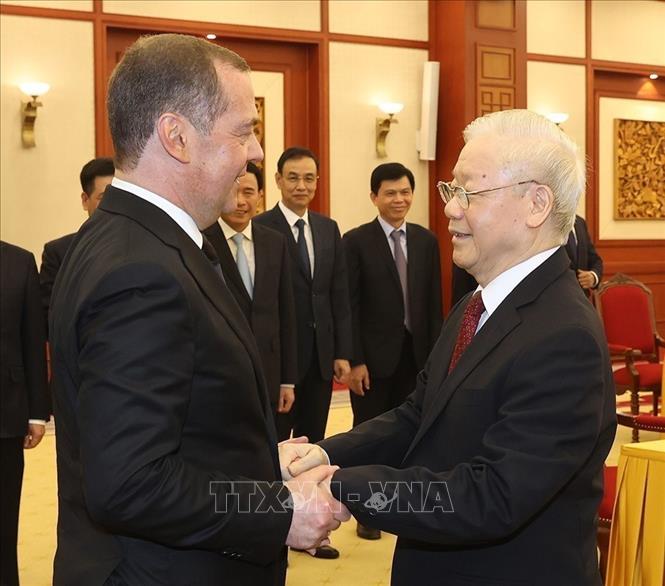 Tổng Bí thư Nguyễn Phú Trọng đón Chủ tịch Đảng Nước Nga Thống nhất, Phó Chủ tịch Hội đồng An ninh Liên bang Nga Dmitry Medvedev thăm chính thức VIệt Nam (Hà Nội, 22/5/2023). Ảnh: Trí Dũng – TTXVN
