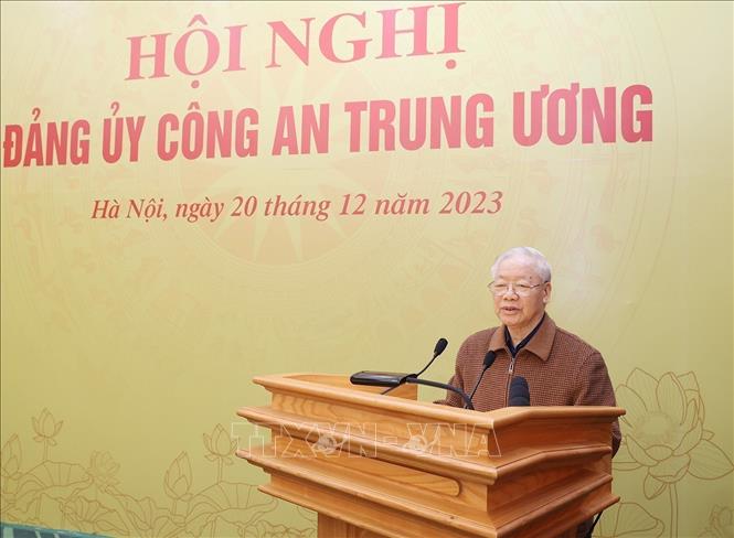 Tổng Bí thư Nguyễn Phú Trọng phát biểu chỉ đạo tại Hội nghị Đảng ủy Công an Trung ương (Hà Nội, sáng 20/12/2023). Ảnh: Trí Dũng – TTXVN