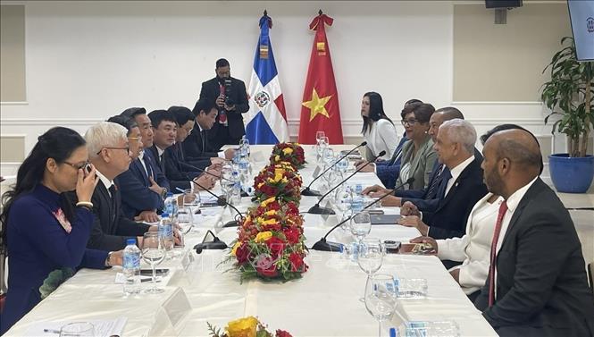 The delegation of the National Assembly (NA)'s Committee for External Relations at a working session with President of the Senate of the Dominican Republic Ricardo de los Santos. VNA Photo