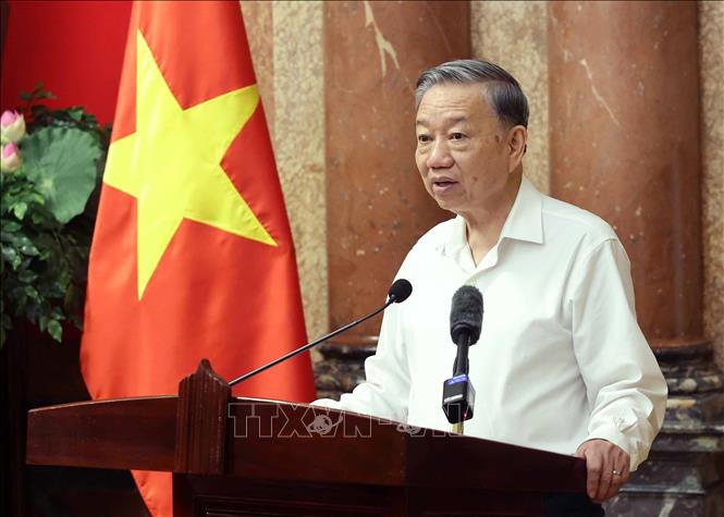 Chủ tịch nước Tô Lâm phát biểu tại buổi gặp mặt. Ảnh: Nhan Sáng-TTXVN