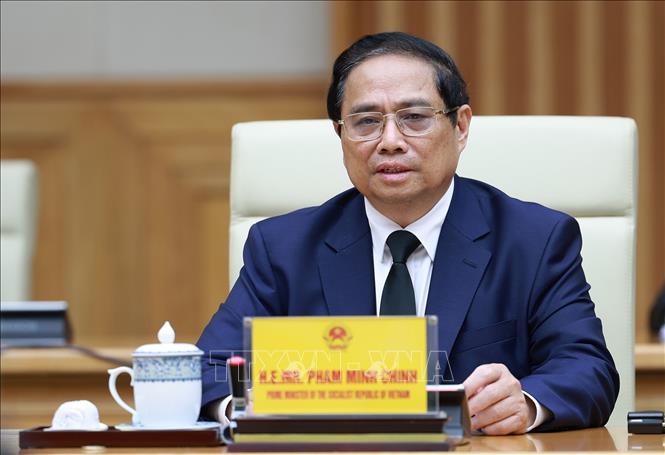 Thủ tướng Phạm Minh Chính phát biểu tại cuộc tiếp Chủ tịch Đảng Nhân dân Campuchia Samdech Hun Sen. Ảnh: Dương Giang-TTXVN

