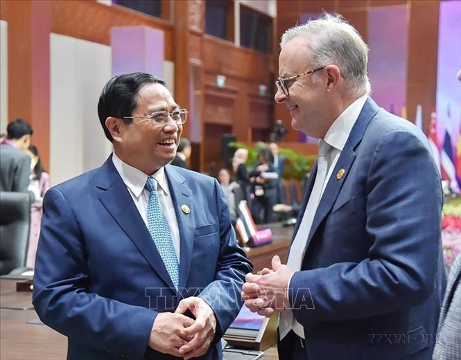 Thủ tướng Phạm Minh Chính trao đổi với Thủ tướng Australia Anthony Albanese tại Hội nghị Cấp cao ASEAN - Australia lần thứ 3, tại Jakarta, Indonesia (7/9/2023). Ảnh: Dương Giang-TTXVN