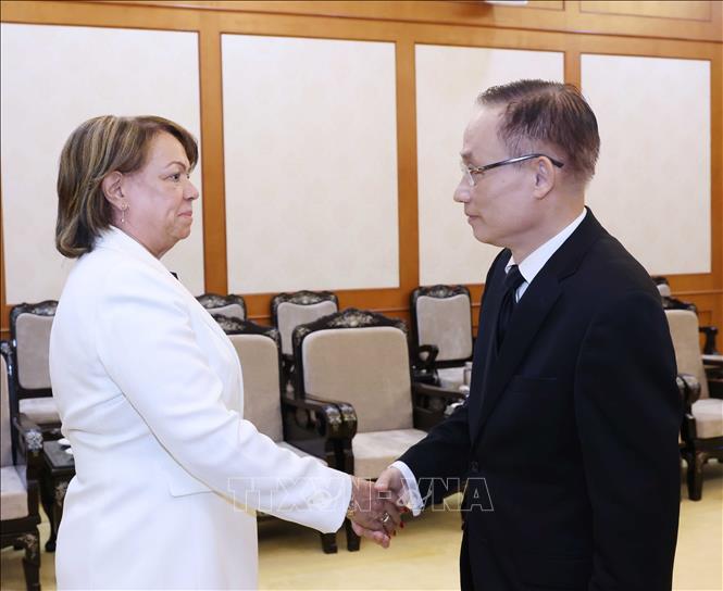 Chairman of the CPVCC's Commission for External Relations Le Hoai Trung and Secretary of the MIU Party's Central Committee and head of its International Department Marthe Pevez. VNA Photo: Phương Hoa 