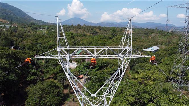 Workers of the Bao Loc Power Transmission Unit in the Central Highlands province of Lam Dong check the Bao Loc-Song May 220kV power line. VNA Photo: Huy Hùng