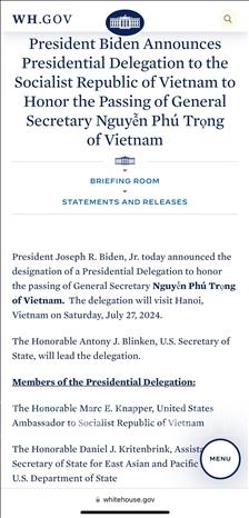 Tuyên bố của Nhà Trẳng cử phái đoàn đại diện Tổng thống Hoa Kỳ sang Việt Nam viếng Tổng Bí thư Nguyễn Phú Trọng. Ảnh: TTXVN phát