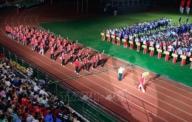 Các đoàn về tham dự Hội khỏe Phù Đổng toàn quốc lần thứ 10. Ảnh: Hoàng Ngọc - TTXVN