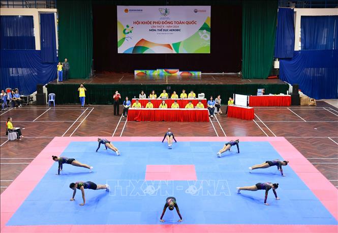 Thi đấu môn Thể dục Aerobic trong Hội khỏe Phù Đổng toàn quốc lần thứ X, được tổ chức tại thành phố Hải Phòng. Ảnh: Thanh Tùng - TTXVN