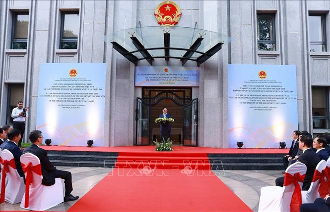 ​Thủ tướng Phạm Minh Chính phát biểu tại Lễ khánh thành Trụ sở Đại sứ quán Việt Nam ở Thủ đô New Delhi, Ấn Độ. Ảnh: Dương Giang-TTXVN
