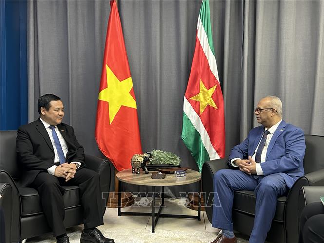 Đại sứ Việt Nam tại Brazil kiêm nhiệm Suriname, Bùi Văn Nghị và Bộ trưởng Ngoại giao, Thương mại và Hợp tác quốc tế Suriname, Albert Ramdin. Ảnh: Đại sứ quán Việt Nam tại Brazil/TTXVN phát