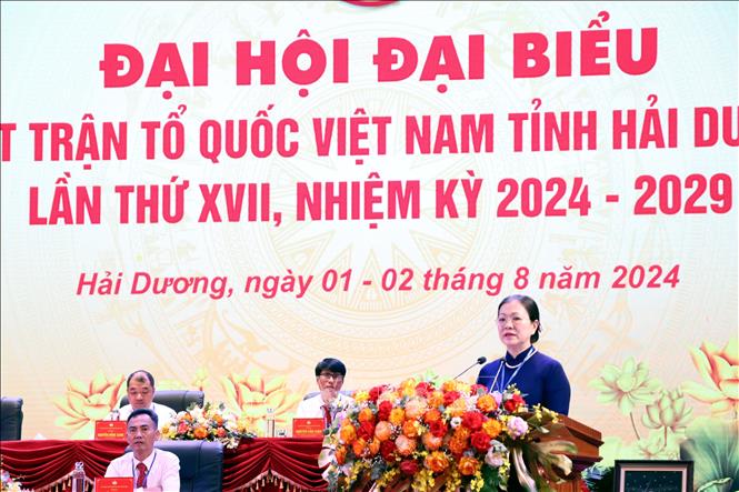 Phó Chủ tịch Ủy ban Trung ương MTTQ Việt Nam Trương Thị Ngọc Ánh phát biểu tại đại hội. Ảnh: Mạnh Tú - TTXVN