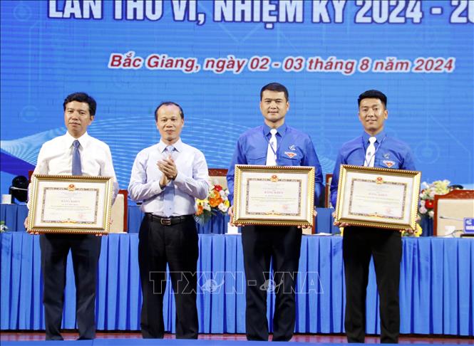 Phó Chủ tịch Thường trực UBND tỉnh Bắc Giang Mai Sơn trao Bằng khen cho các tập thể, cá nhân. Ảnh: Đồng Thúy-TTXVN