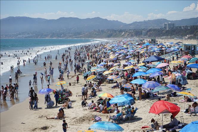 Người dân tắm mát trong ngày nắng nóng ở bãi biển Monica thuộc Los Angeles, bang California (Mỹ) ngày 23/6/2024. Ảnh: THX/TTXVN