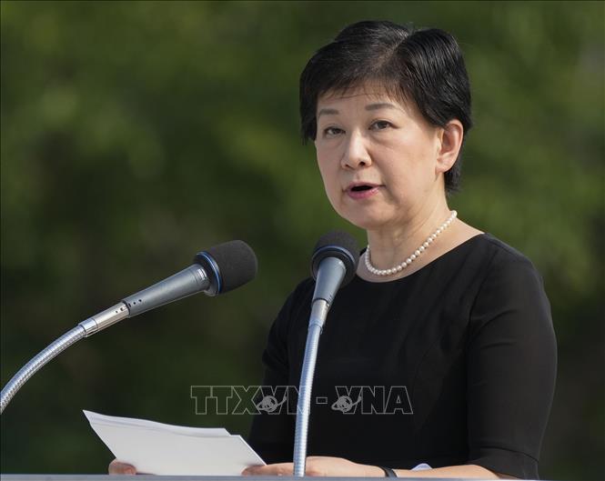 Phó Tổng thư ký Liên hợp quốc, Đại diện cấp cao về các vấn đề giải trừ quân bị Izumi Nakamitsu phát biểu tại lễ tưởng niệm 79 năm Mỹ ném bom nguyên tử xuống Hiroshima, Nhật Bản, ngày 6/8/2024. Ảnh: Kyodo/TTXVN