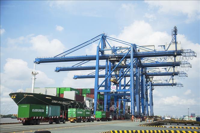 Tàu quốc tế trọng tải lớn cập cảng Cảng Cát Lái, thành phố Thủ Đức, Thành phố Hồ Chí Minh. Ảnh: Hồng Đạt - TTXVN 