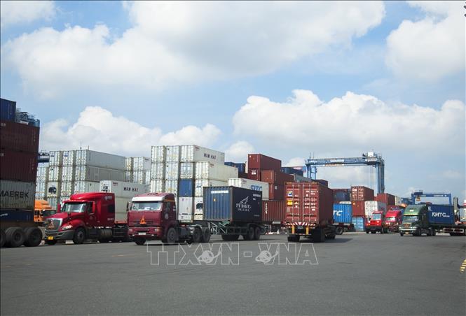 Xe container hoạt động tại Tân Cảng Cát Lái, thành phố Thủ Đức, Thành phố Hồ Chí Minh. Ảnh: Hồng Đạt - TTXVN 