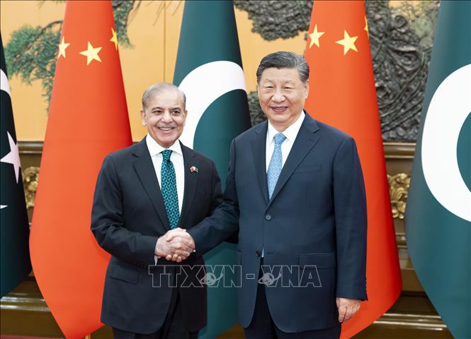 (Tư liệu) Chủ tịch Trung Quốc Tập Cận Bình (phải) và Thủ tướng Pakistan Shehbaz Sharif tại cuộc gặp ở Bắc Kinh, Trung Quốc, ngày 7/6/2024. Ảnh: THX/TTXVN