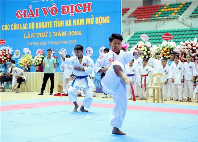 Các vận động viên thi đấu ở nội dung Kata (biểu diễn) cá nhân nam.  Ảnh: Đại Nghĩa - TTXVN