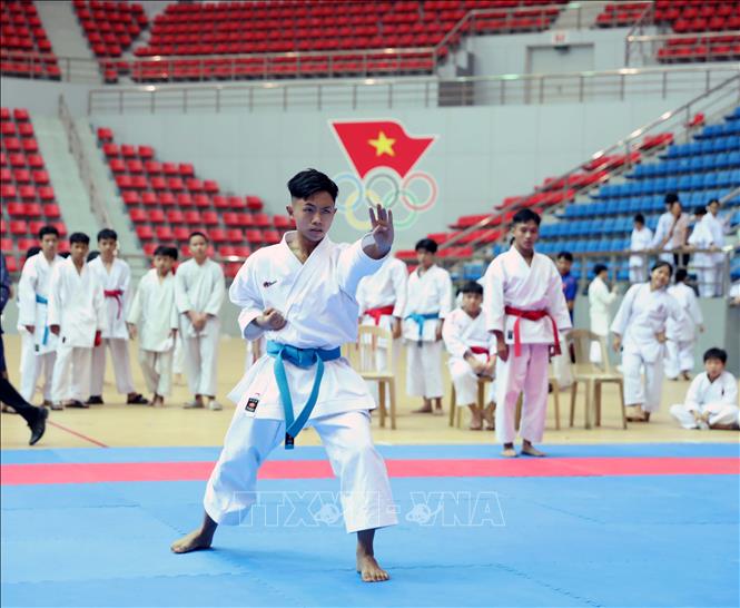 Các vận động viên thi đấu ở nội dung Kata (biểu diễn) cá nhân nam.  Ảnh: Đại Nghĩa - TTXVN