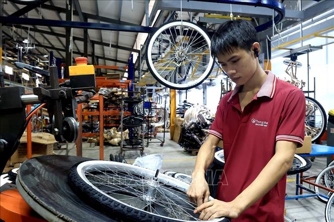 Công nhân dây chuyền bộ phận lắp ráp săm lốp. Ảnh: Tuấn Anh - TTXVN