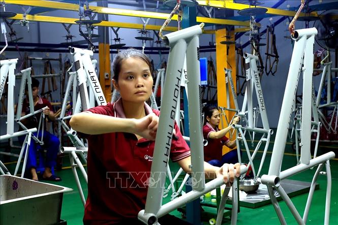 Công nhân dây chuyền dán nhãn. Ảnh: Tuấn Anh - TTXVN