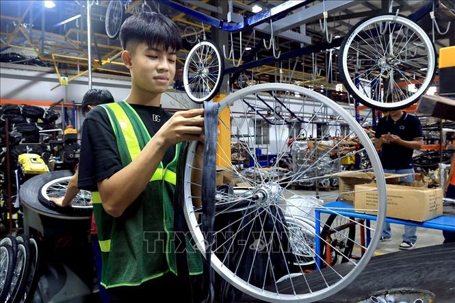 Công nhân dây chuyền lắp ráp lốp và săm xe. Ảnh: Tuấn Anh - TTXVN