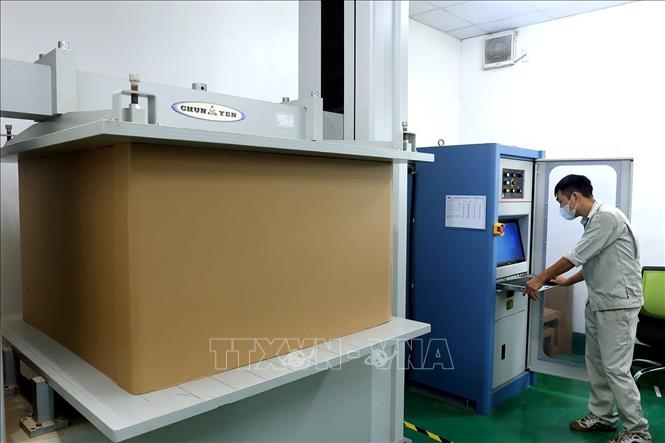 Công nhân kiểm tra độ chịu lực của thùng carton bằng máy đo. Ảnh: Tuấn Anh – TTXVN
