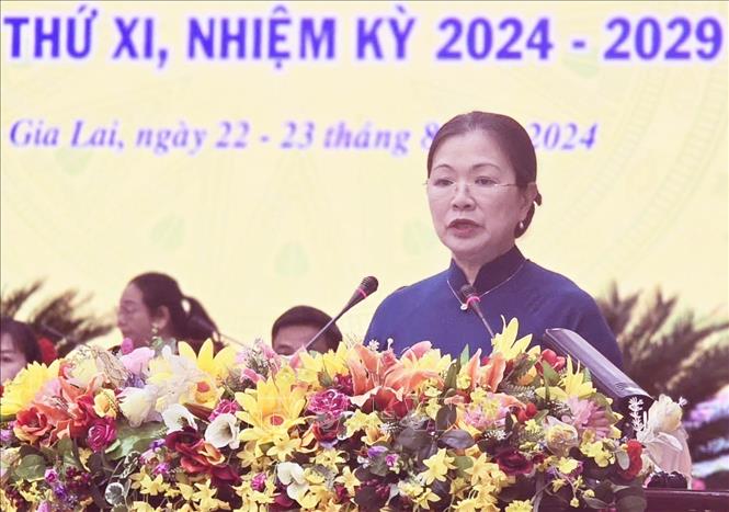 Bà Trương Thị Ngọc Ánh, Phó Chủ tịch Ủy ban Trung ương MTTQ Việt Nam dự và phát biểu chỉ đạo Đại hội. Ảnh: TTXVN phát