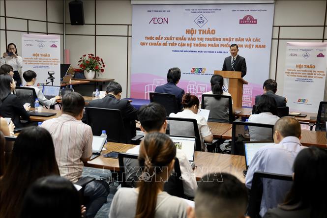 Hội thảo “Thúc đẩy xuất khẩu vào thị trường Nhật Bản và các quy chuẩn để tiếp cận hệ thống phân phối AEON Việt Nam”. Ảnh: Xuân Anh - TTXVN 