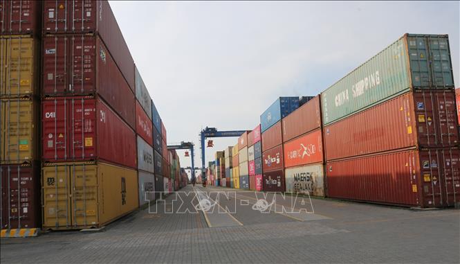 Hàng hóa vận chuyển qua các hãng tàu lớn trên thế giới tại bến cảng của TC-HICT. Ảnh: Minh Thu- TTXVN