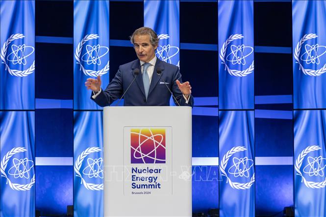 (Tư liệu) Tổng giám đốc IAEA Rafael Grossi phát biểu tại Hội nghị thượng đỉnh năng lượng hạt nhân ở Brussels, Bỉ. Ảnh: THX/TTXVN