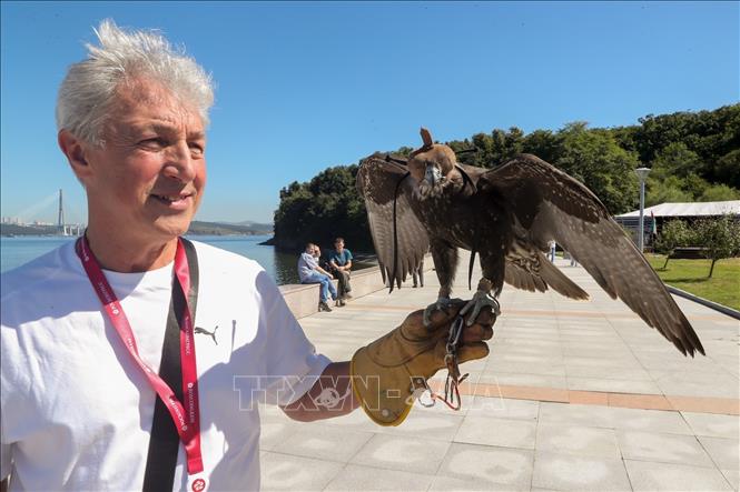 Trải nghiệm với chim ưng của đại biểu tham dự tại Lễ khai mạc Diễn đàn Quốc tế 