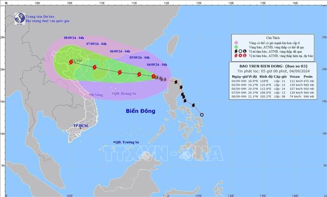 Hướng di chuyển của bão số 3. Ảnh: TTXVN phát

