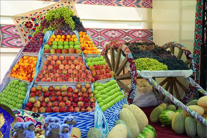 Uzbekistan đã tổ chức Lễ hội nho và sản xuất rượu vang quốc tế tại quận Parkent thuộc vùng Tashkent. Lễ hội bao gồm các hội chợ nông nghiệp, triển lãm của các thương hiệu rượu vang quốc tế và các hội thảo quốc tế về ngành trồng nho. Ảnh: Trái cây địa phương được trưng bày tại lễ hội. Ảnh: THX/TTXVN