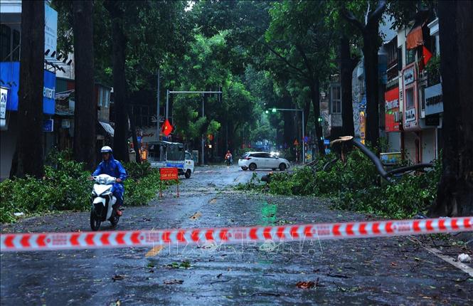 Một số người vẫn chủ quan di chuyển ngoài đường khi bão đang đổ bộ, tiềm ẩn rất nhiều nguy hiểm. Ảnh: Hoàng Hiếu - TTXVN