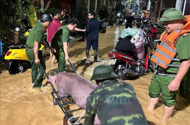 Lực lượng cứu hộ thành phố Cao Bằng giúp người dân chuyển tài sản đến nơi an toàn trong đêm 8/9. Ảnh: TTXVN phát 