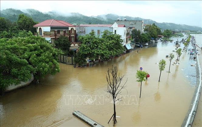 Đường Phạm Văn Xảo, phường Lào Cai, thành phố Lào Cai bị lũ tràn vào, ngập trong biển nước lúc 11g30 ngày 9/9. Ảnh: Quốc Khánh - TTXVN