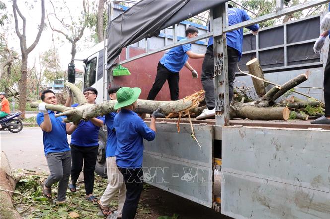 Các lực lượng tập trung hiệp đồng xử lý cây xanh gãy đổ. Ảnh: Hoàng Ngọc - TTXVN