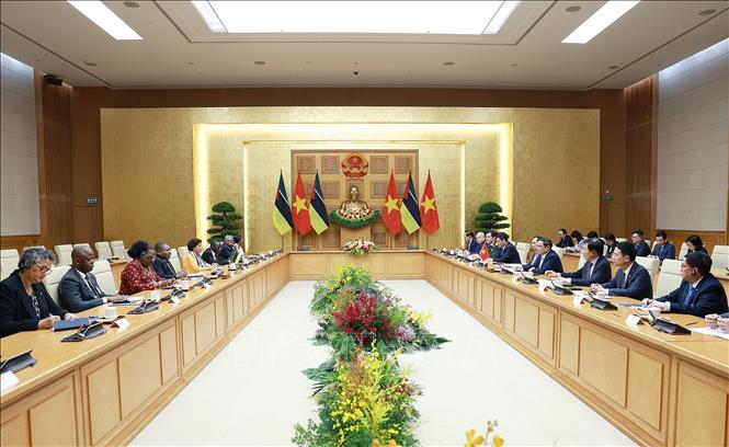 Thủ tướng Phạm Minh Chính hội kiến Tổng thống Mozambique Filipe Jacinto Nyusi. Ảnh: Dương Giang-TTXVN
