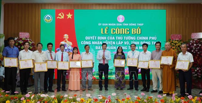 Khen thưởng các cá nhân có thành tích xuất sắc trong xây dựng nông thôn mới của huyện Lấp Vò. Ảnh: Nhựt An - TTXVN