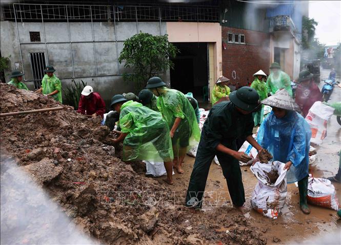 Quân đội và người dân thôn Liệp Mai, xã Ngọc Liệp, huyện Quốc Oai khẩn trương gia cố đoạn đê bao sông Tích. Ảnh: Vũ Sinh - TTXVN