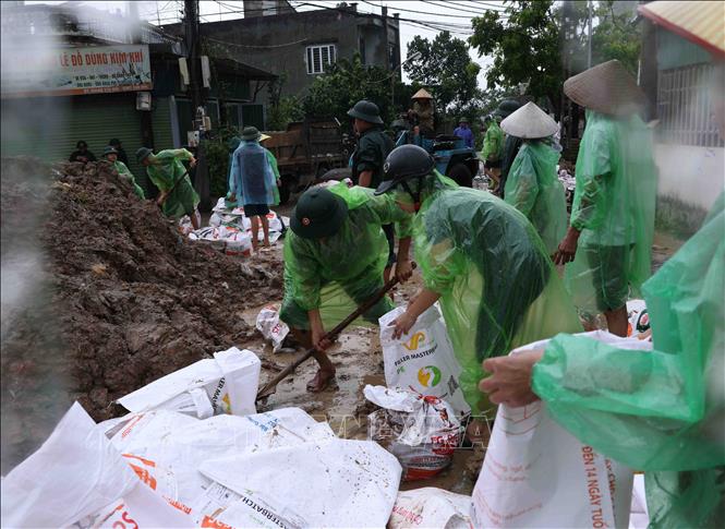 Bộ đội và người dân thôn Liệp Mai, xã Ngọc Liệp, huyện Quốc Oai khẩn trương chuẩn bị các bao tải chứa đất để gia cố đoạn đê bao sông Tích. Ảnh: Vũ Sinh - TTXVN