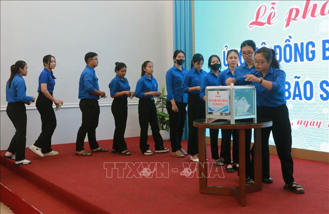 Đoàn viên thanh niên khối các cơ quan tỉnh Sóc Trăng tham gia quyên góp ủng hộ các địa phương bị ảnh hưởng bảo số 3. Ảnh: Tuấn Phi-TTXVN