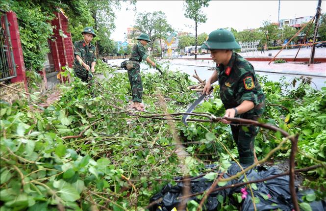 Cán bộ, chiến sĩ Sư đoàn 325 dọn dẹp môi trường tại thị trấn Chũ, huyện Lục Ngạn. Ảnh: Danh Lam - TTXVN