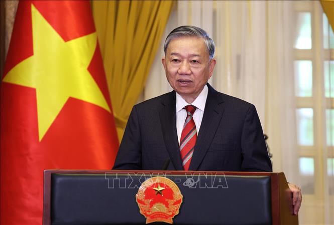Party General Secretary and State President To Lam on September 12 (New York time) speaks in a video message sent to the Global Call event in New York ahead of the Summit of the Future. VNA Photo: Lâm Khánh
