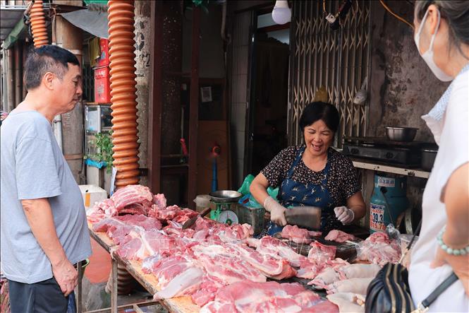 Người phụ nữ bán thịt lợn trên phố Bạch Đằng này lại nở nụ cười tươi đón khách đến mua sau nhiều ngày đóng cửa vì nước lũ ngập cửa hàng. Ảnh: Hoàng Hiếu - TTXVN