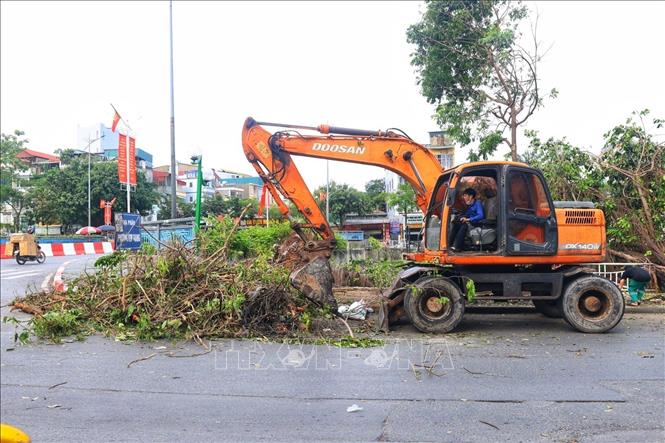 Hợp tác xã Thành Công bố trí phương tiện thu dọn cây gãy đổ trên đường Kim Giang, quận Thanh Xuân. Ảnh: Tuấn Anh - TTXVN