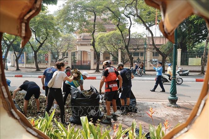 Cùng chung tay dọn dẹp, vệ sinh môi trường, khắc phục hậu quả bão số 3. Ảnh: Minh Quyết - TTXVN