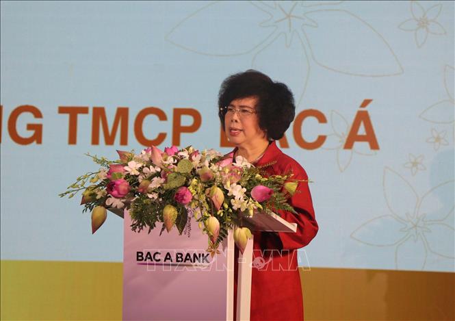 Bà Thái Hương, Phó Chủ tịch HĐQT, Tổng Giám đốc Ngân hàng TMCP Bắc Á phát biểu tại lễ kỷ niệm. Ảnh: Trịnh Duy Hưng-TTXVN