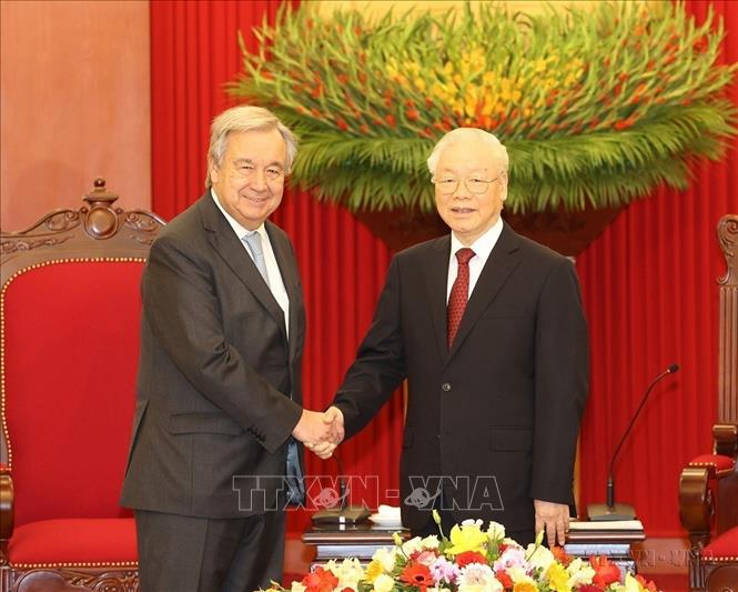 Tổng Bí thư Nguyễn Phú Trọng tiếp Tổng Thư ký Liên hợp quốc Antonio Guterres thăm chính thức Việt Nam (21/10/2022). Ảnh: Trí Dũng – TTXVN