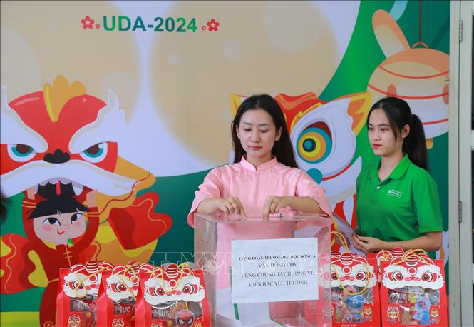 Sinh viên trường Đại học Đông Á ủng hộ đồng bào miền Bắc khắc phục hậu quả bão số 3. Ảnh: Văn Dũng - TTXVN
